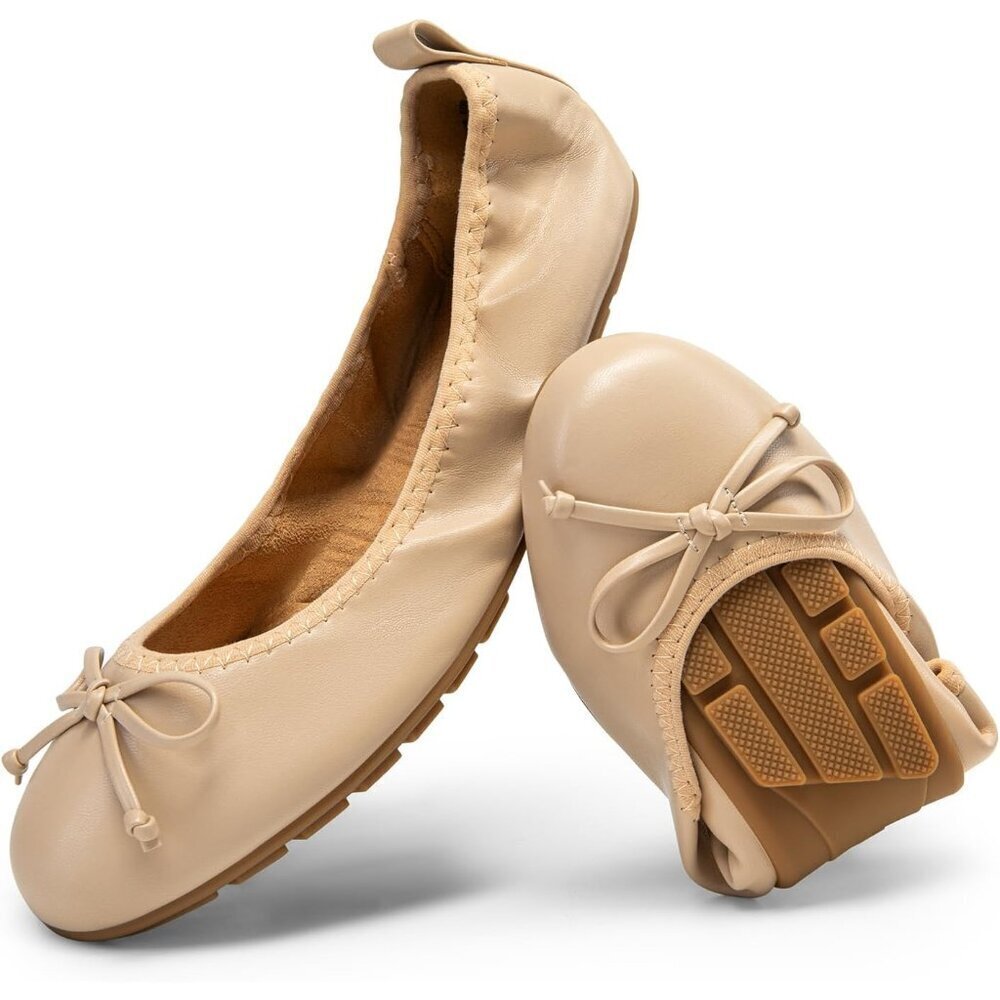 Dream Pairs Women Nude Faux Leather Round Toe Bowknot Foldable Ballerine Shoes